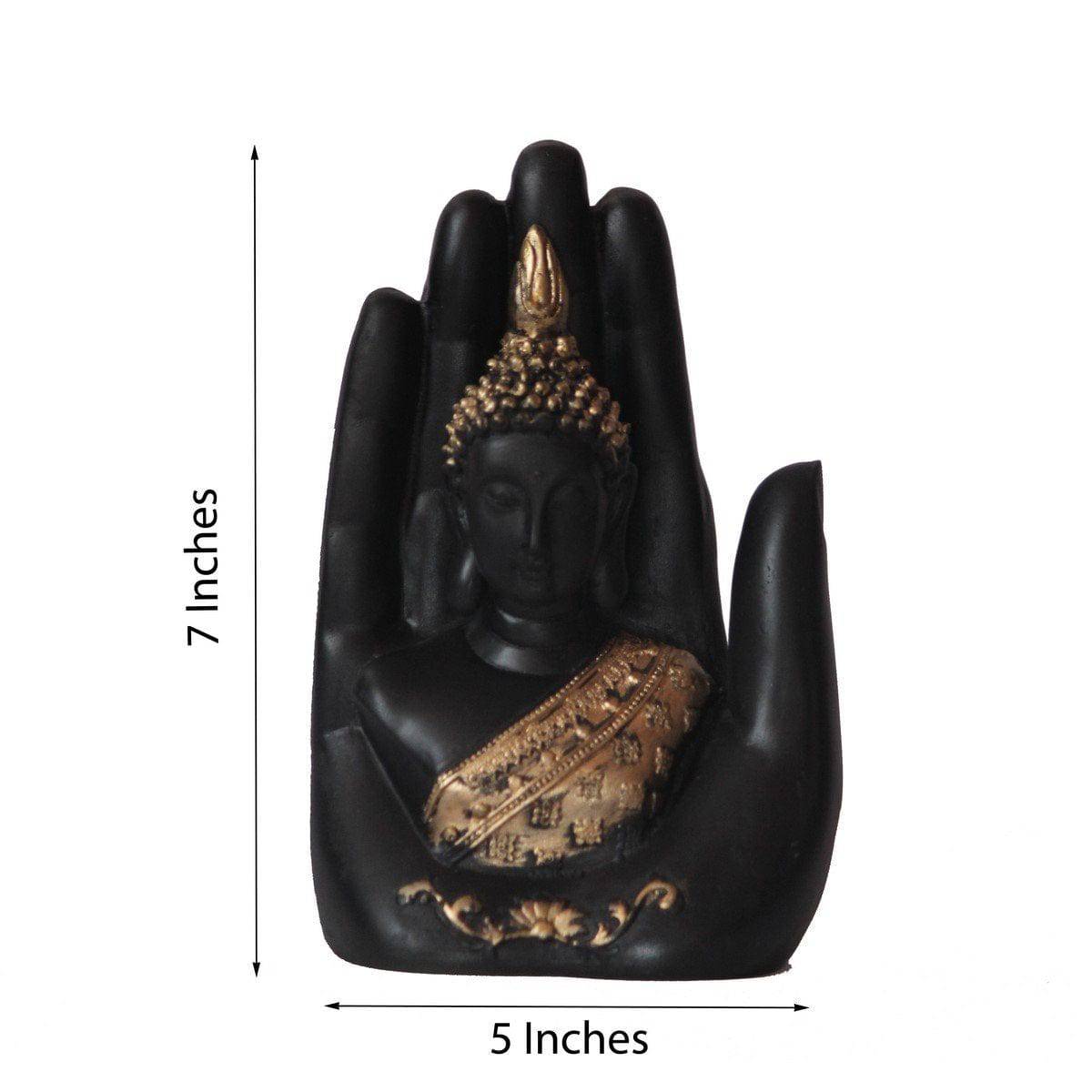 Golden Handcrafted Palm Buddha Polyresin Showpiece (12.5 cm x 7.5 cm x 17.5 cm, Black) - YuvaFlowers