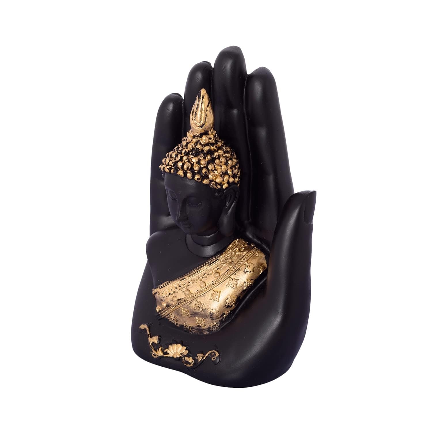 Golden Handcrafted Palm Buddha Polyresin Showpiece (12.5 cm x 7.5 cm x 17.5 cm, Black) - YuvaFlowers