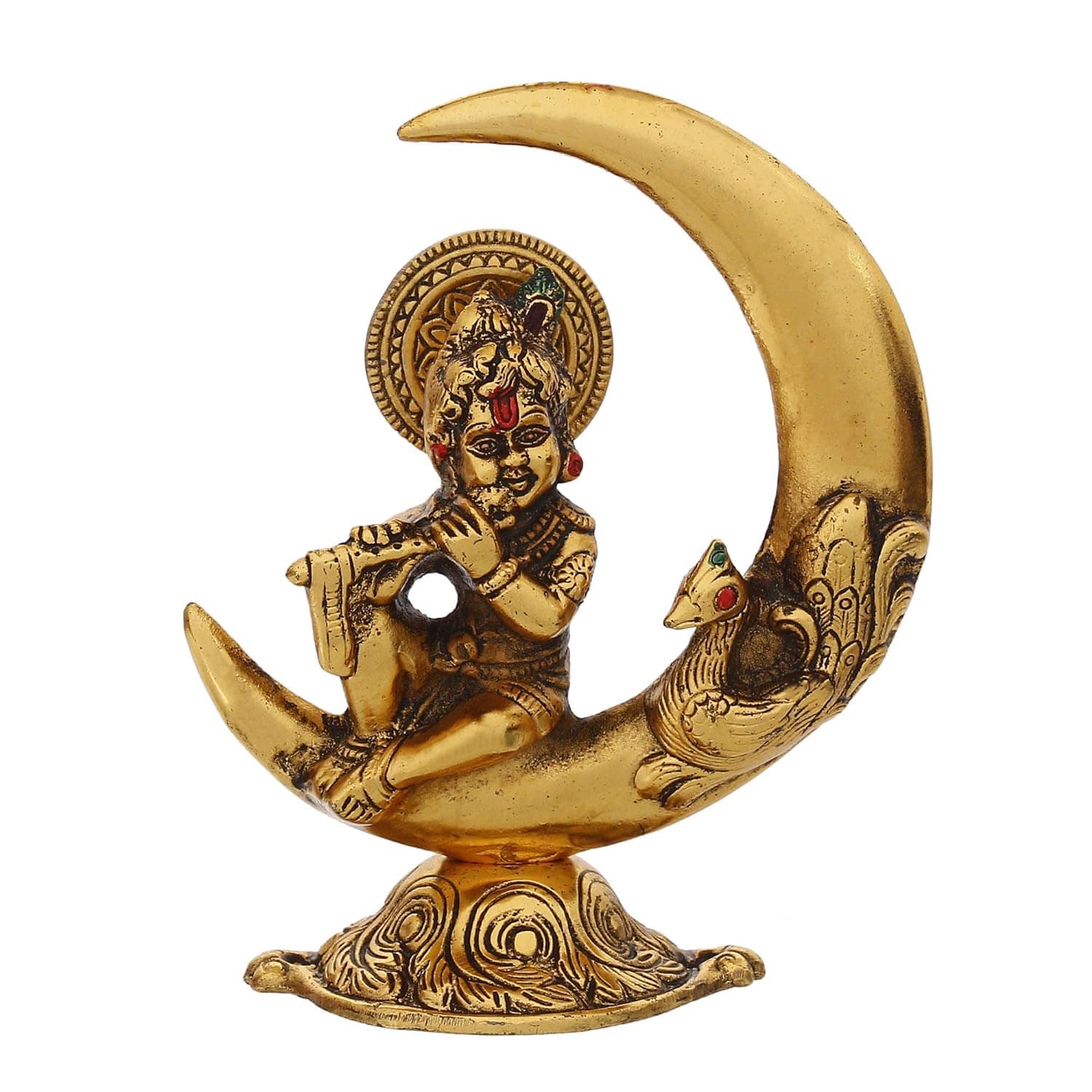 Golden Metal Handcrafted Lord Krishna Idol Playing Flute and Sitting On Half Moon Decorative Showpiece for Home Decor - Ideal Gift for Krishna Janmashtami, Housewarming, Wedding - YuvaFlowers