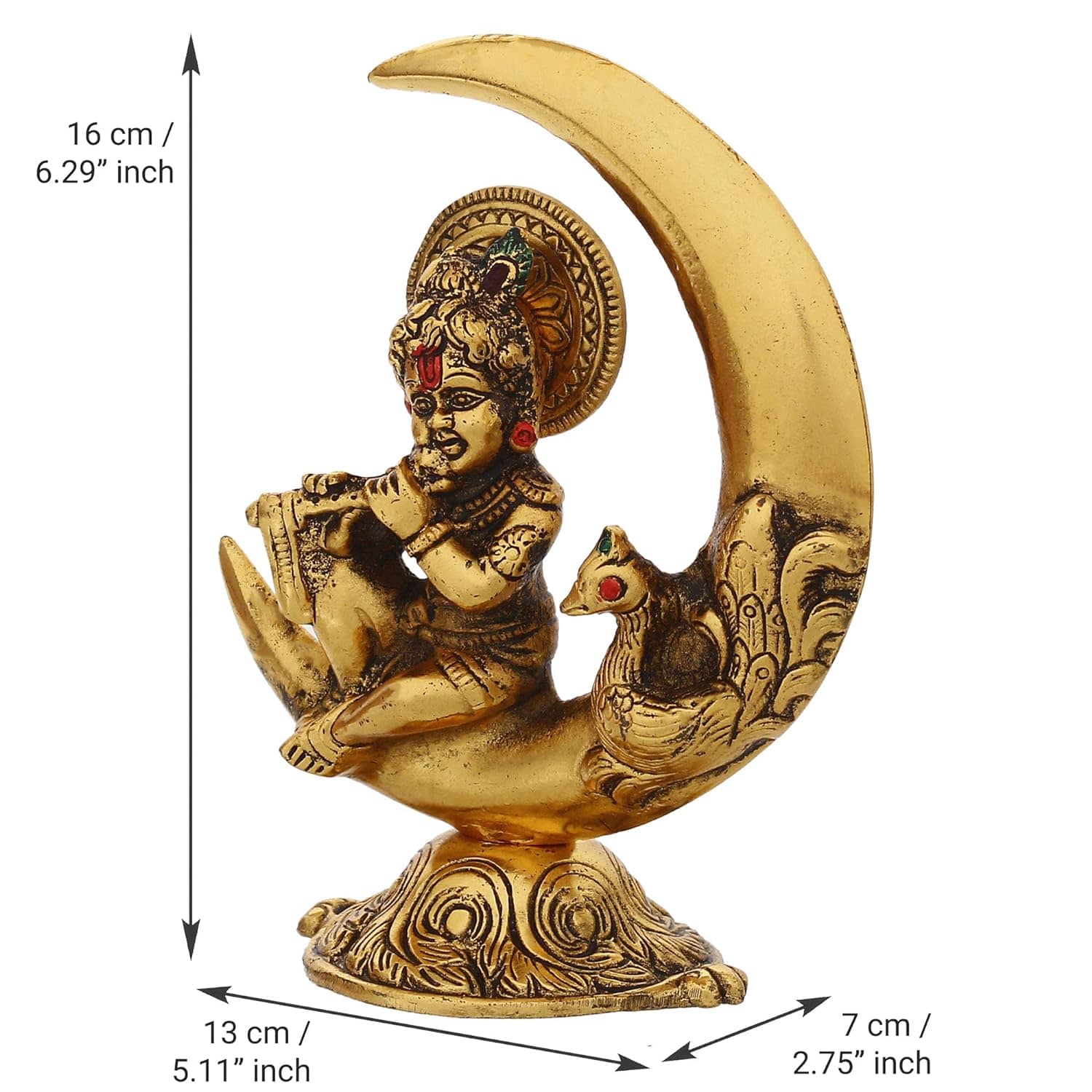 Golden Metal Handcrafted Lord Krishna Idol Playing Flute and Sitting On Half Moon Decorative Showpiece for Home Decor - Ideal Gift for Krishna Janmashtami, Housewarming, Wedding - YuvaFlowers