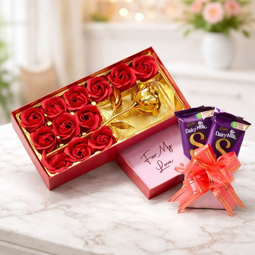 Golden Rose & Red Roses Chocolate Gift Box – Romantic Luxury Hamper Online Gift Delivery