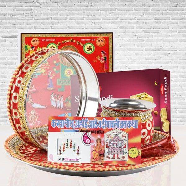 Golden Thali Set & Karwa Chauth Special Red - YuvaFlowers