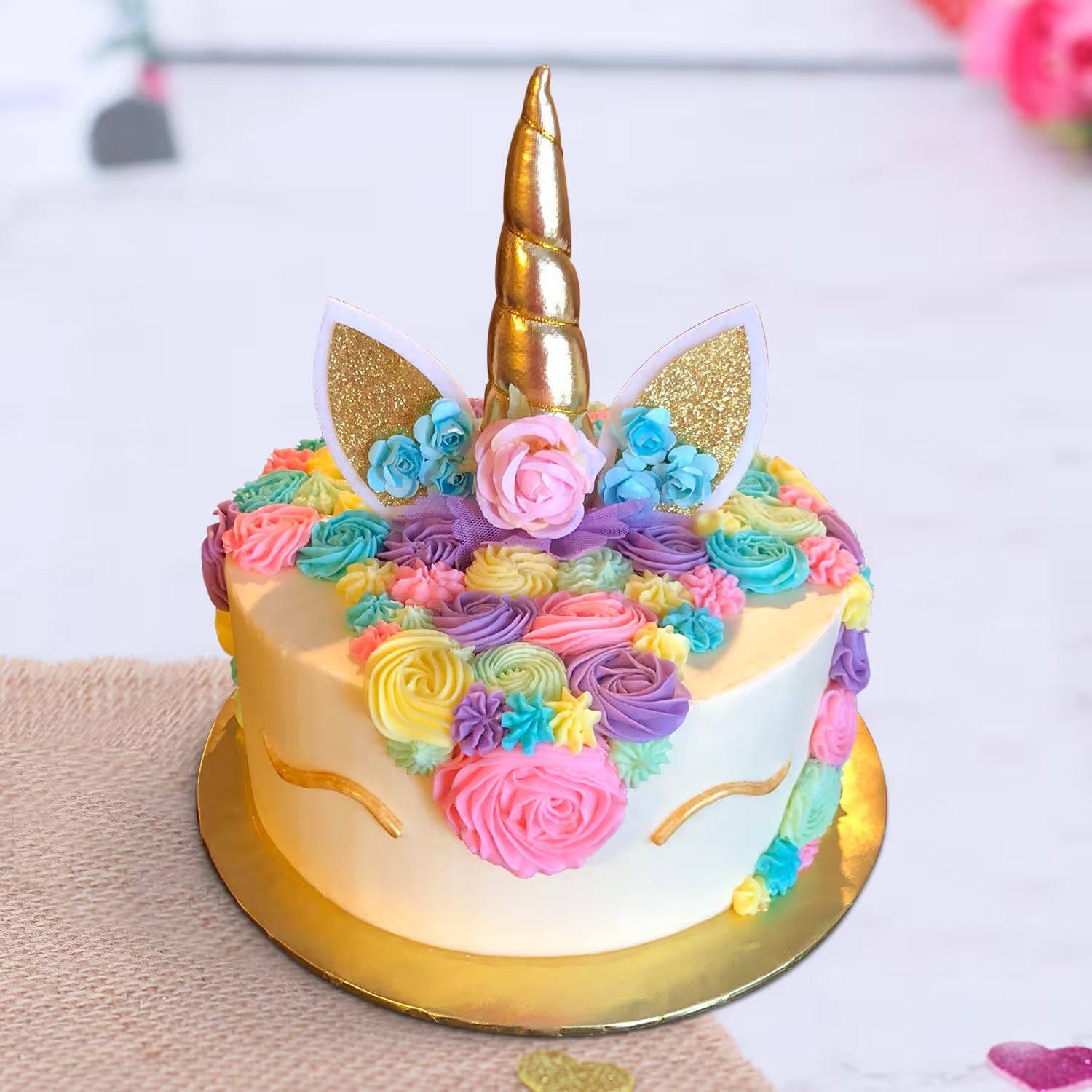 Golden Tone Vanilla Unicorn Cake - YuvaFlowers