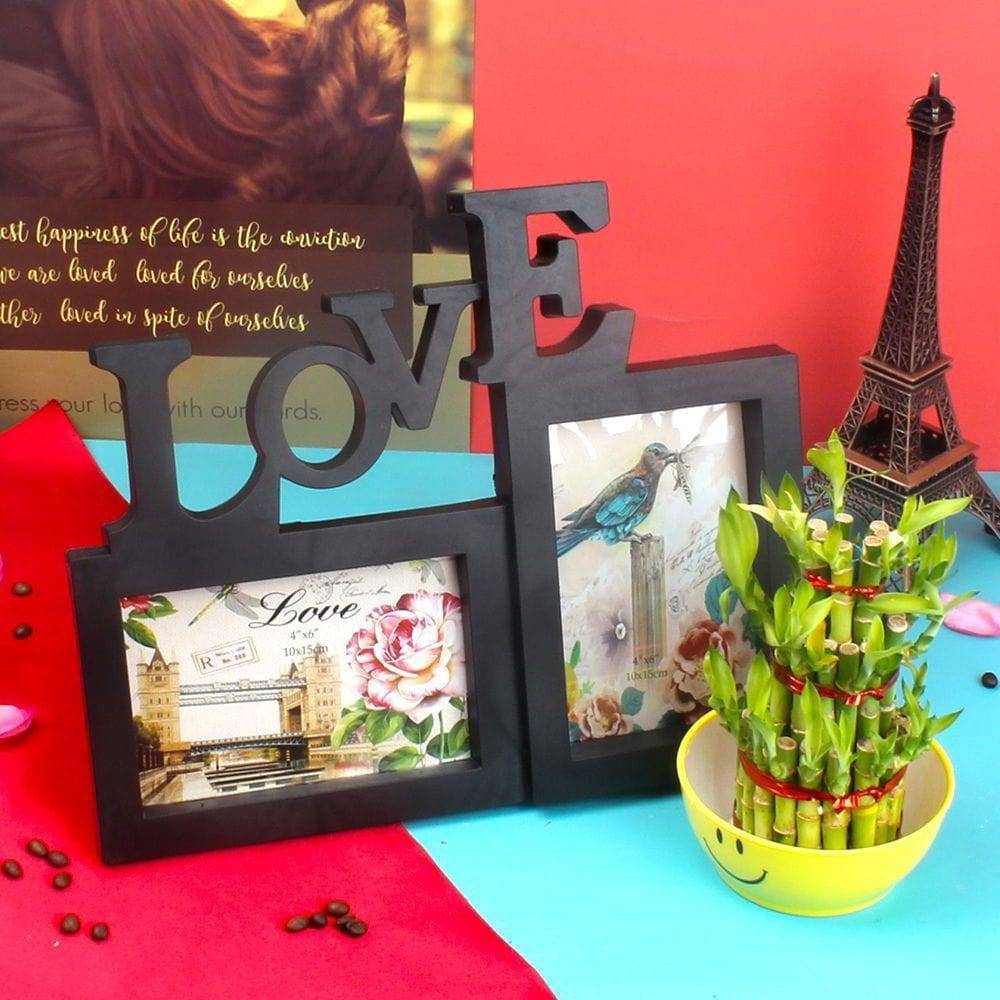 GOOD LUCK BAMBOO PLANT AND TWO PHOTOS LOVE COLLAGE FRAME - YuvaFlowers