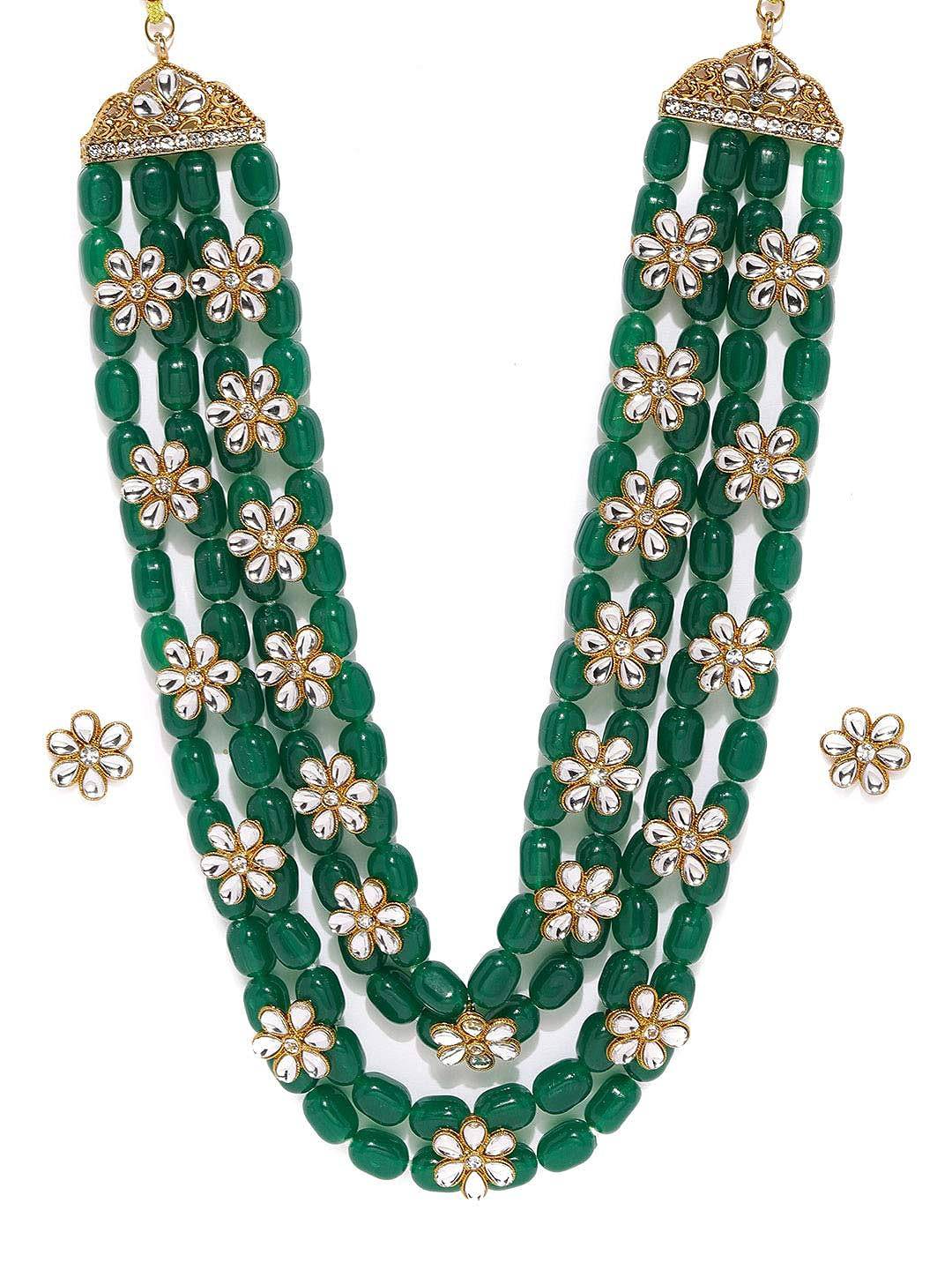 Green Beads & Floral Kundan Necklace Set For Women-ZPFK9098 - YuvaFlowers