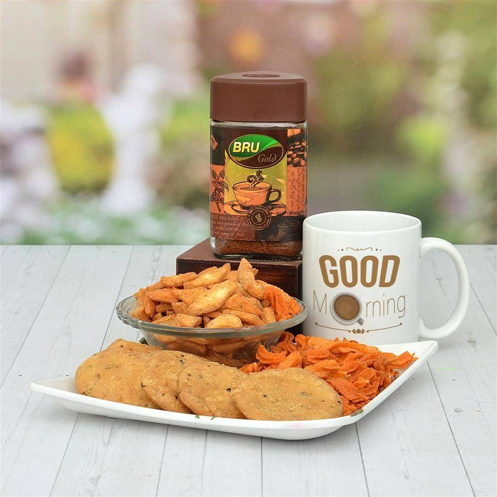 Haldiram Masala Namkeen, Mathri Namkeen, Soya Stick in a Plate with Coffee & Mug - YuvaFlowers