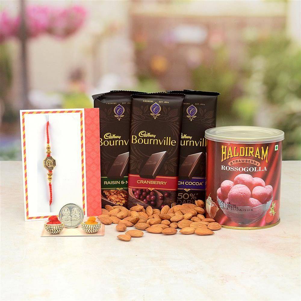 Haldiram Sweet Bournville and Almond Hamper With Rakhi - YuvaFlowers
