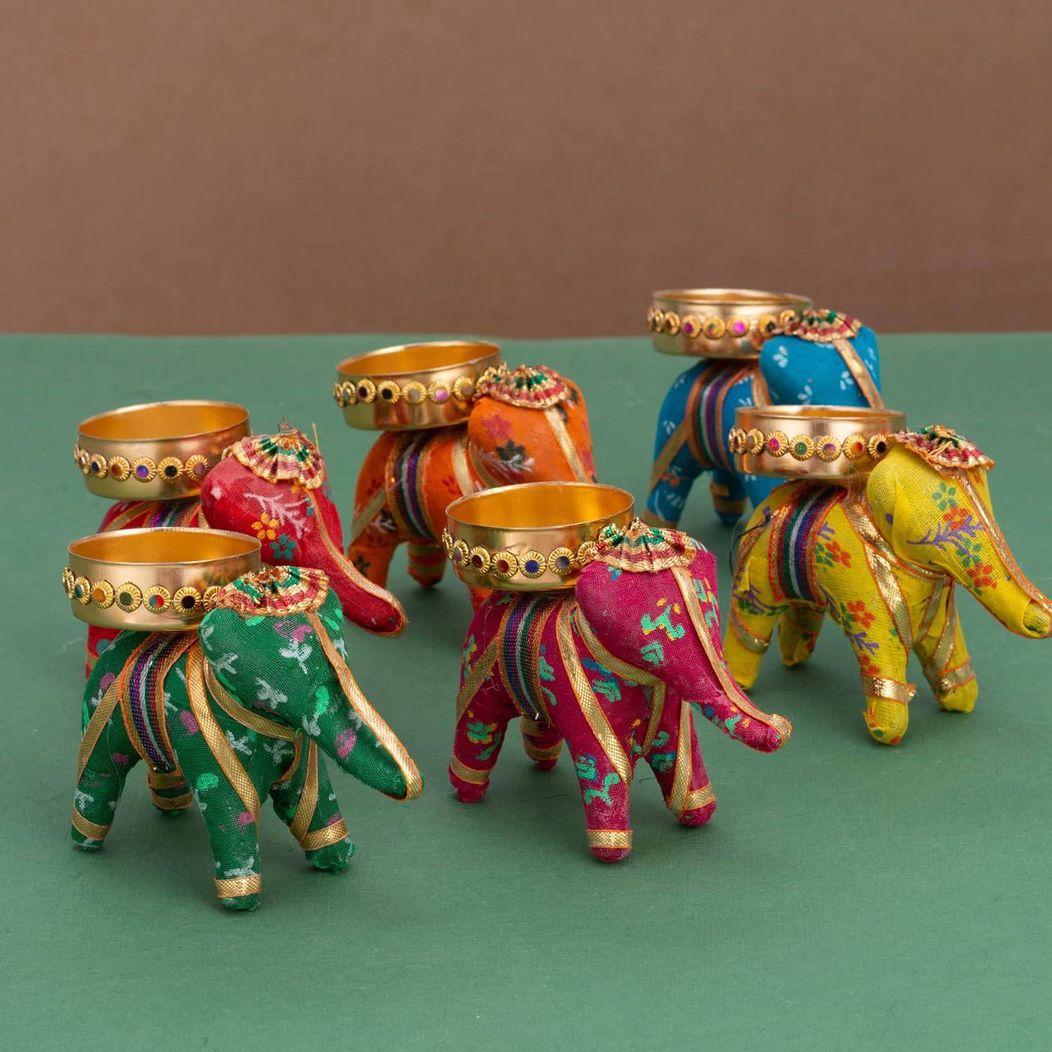 Handcrafted Recycled Material Elephant Tealight Candle Holder Home Decoration Item for Diwali (Multicolor, 8 X 5 X 10 Cm) - Pack of 6, Iron - YuvaFlowers