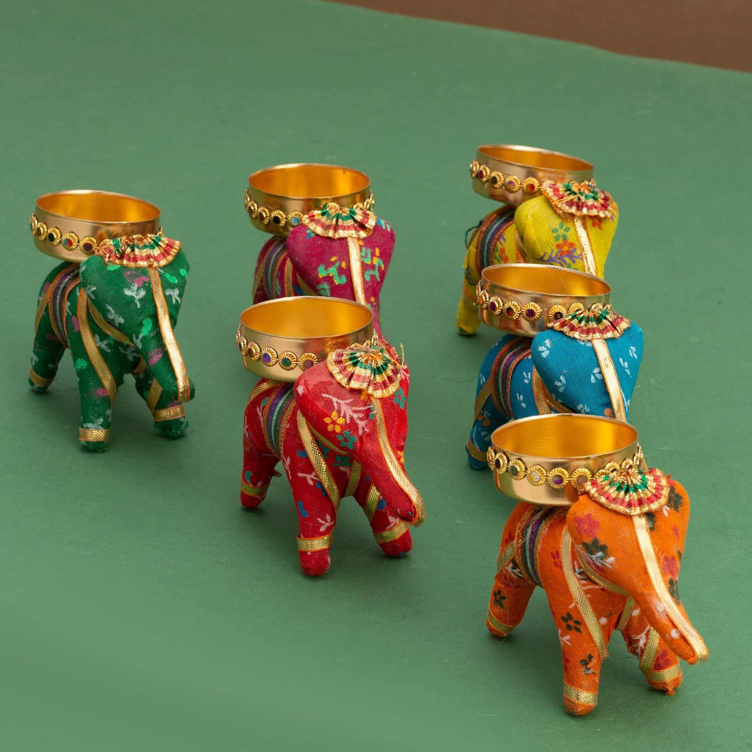 Handcrafted Recycled Material Elephant Tealight Candle Holder Home Decoration Item for Diwali (Multicolor, 8 X 5 X 10 Cm) - Pack of 6, Iron - YuvaFlowers