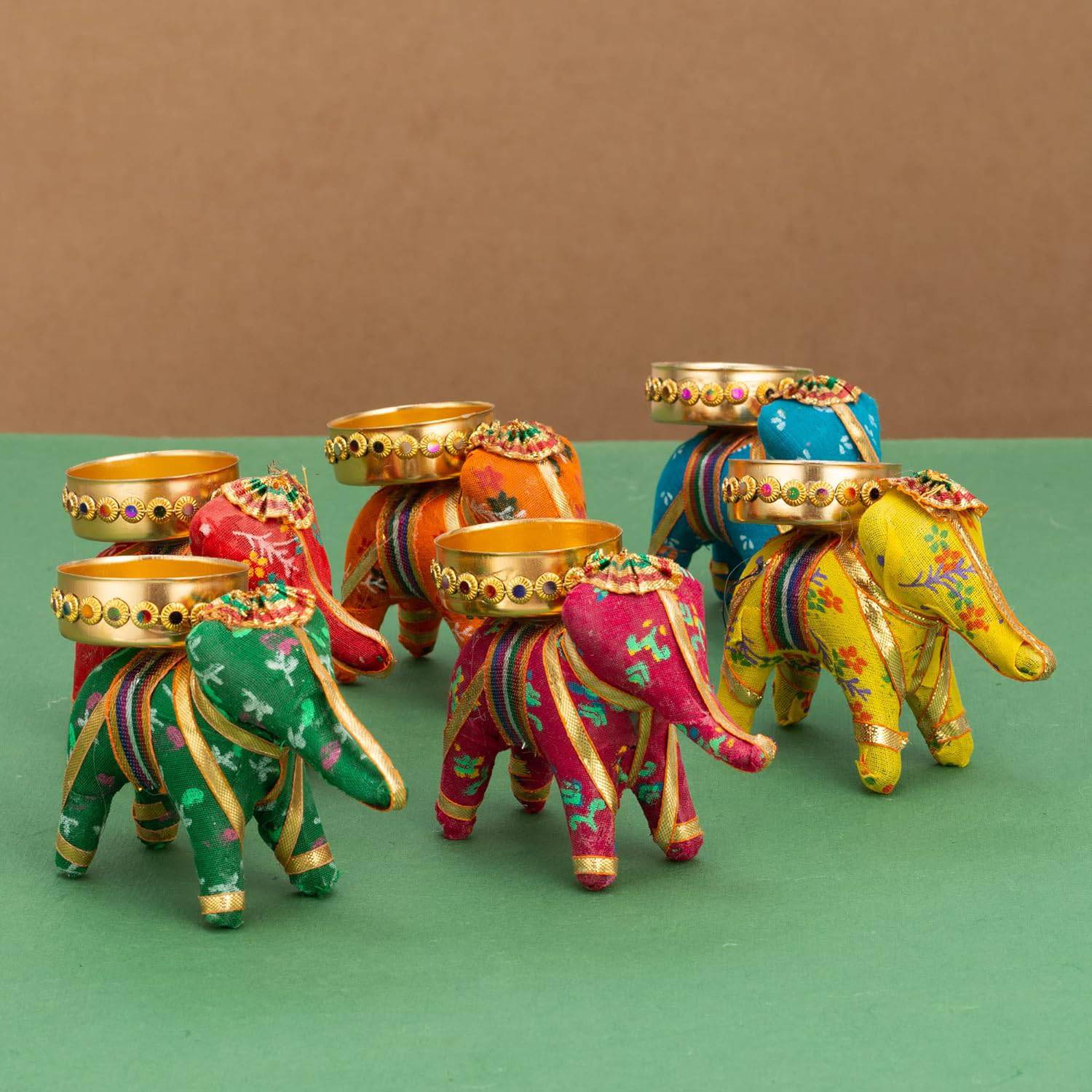 Handcrafted Recycled Material Elephant Tealight Candle Holders Home Decor Items for Diwali (Multicolour, 8 X 5 X 10 cm) - Pack of 6, Iron - YuvaFlowers