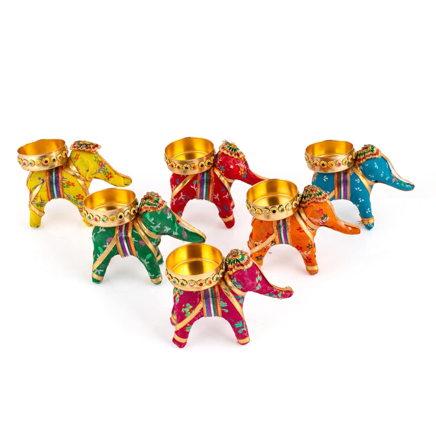Handcrafted Recycled Material Elephant Tealight Candle Holders Home Decor Items for Diwali (Multicolour, 8 X 5 X 10 cm) - Pack of 6, Iron - YuvaFlowers