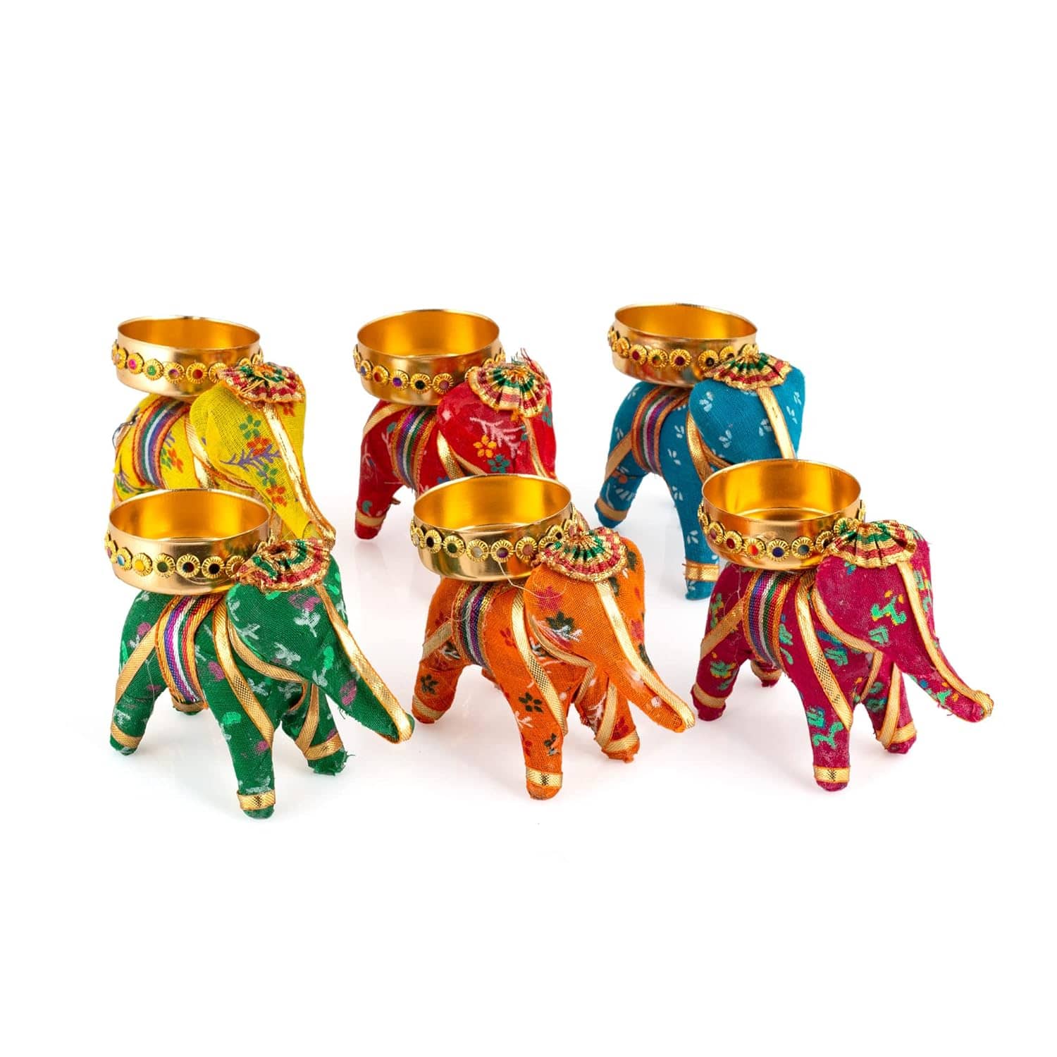 Handcrafted Recycled Material Elephant Tealight Candle Holders Home Decor Items for Diwali (Multicolour, 8 X 5 X 10 cm) - Pack of 6, Iron - YuvaFlowers