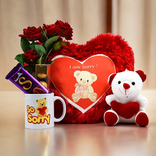 Sorry Mug & Pillow With A Rose & Chocolate - YuvaFlowers