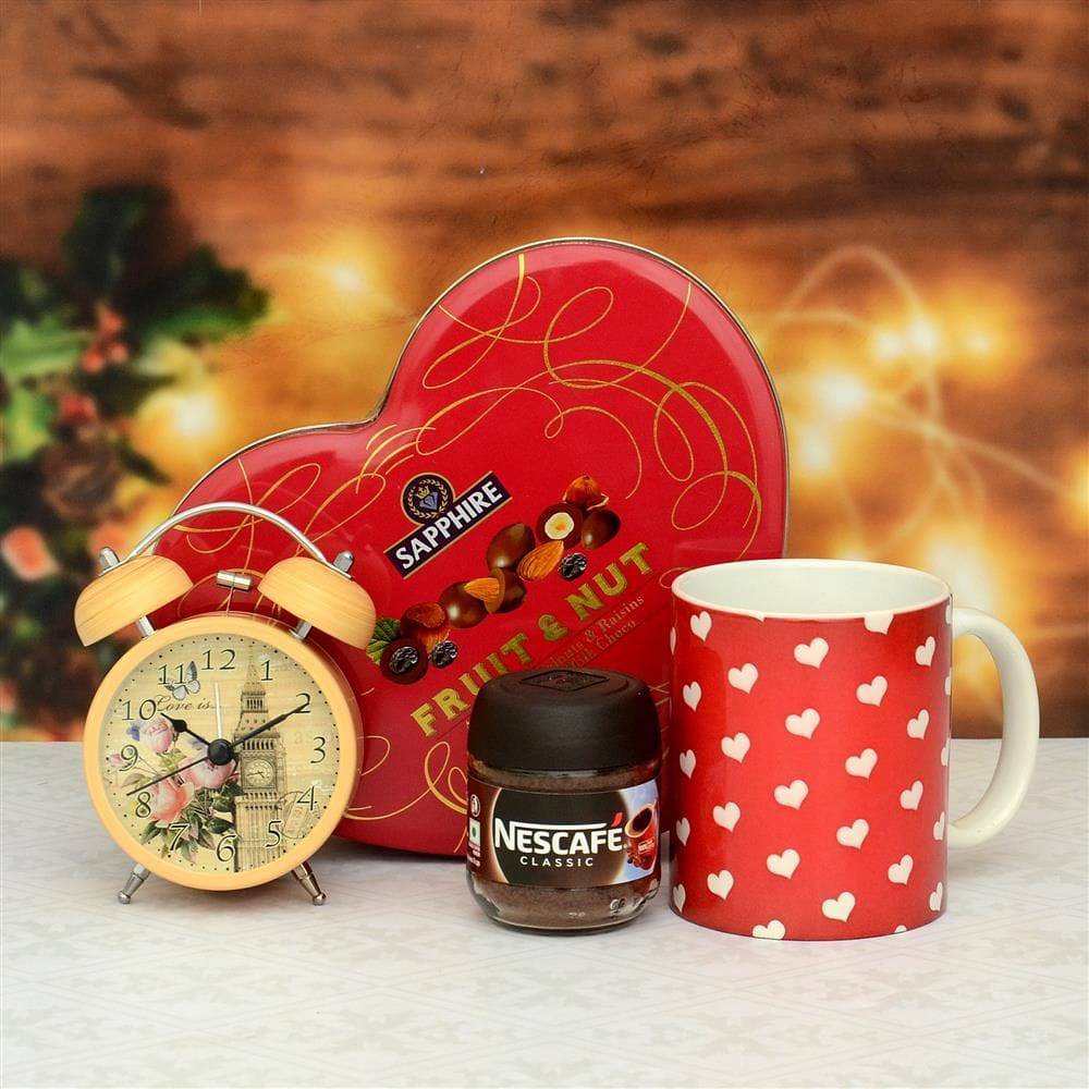 Heart Shape Chocolate & Alarm Clock Hamper - YuvaFlowers