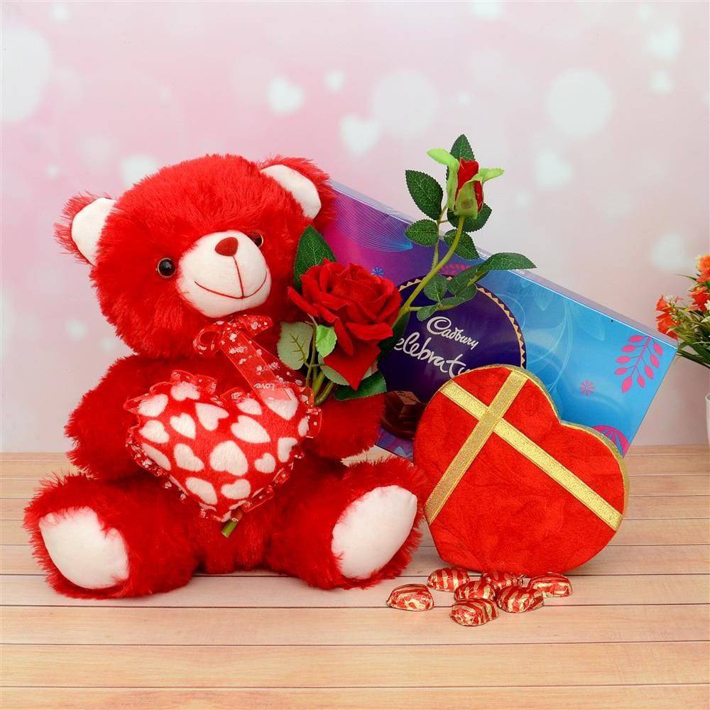 Heart Shape Chocolate Box With Teddy & Rose Hamper - YuvaFlowers
