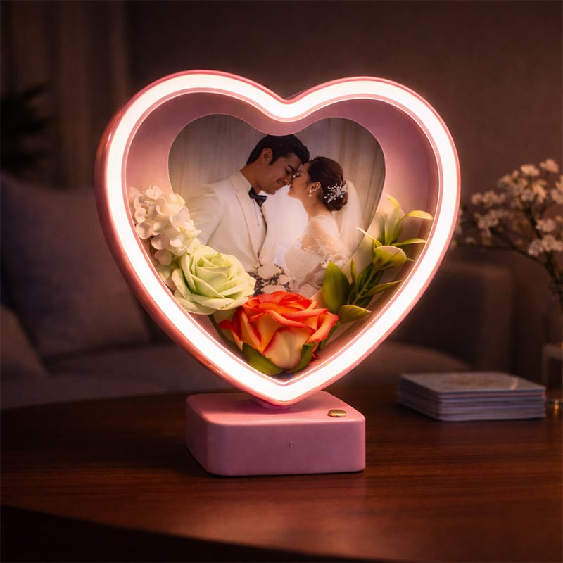 Heart Shape Photo Frame with Flowers LED Lamp