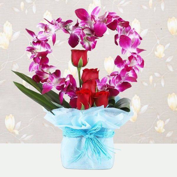 Heart Shaped Orchids and Roses - YuvaFlowers
