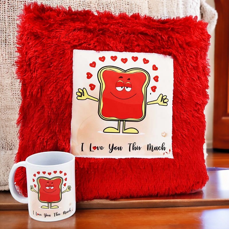 I Love You Red Fur Cushion And Mug Combo - YuvaFlowers