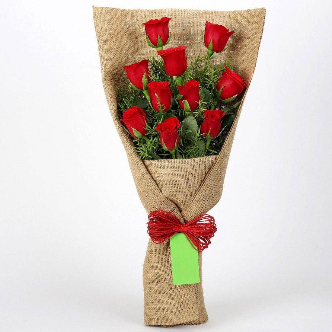 Jute Wrapped 10 Red Roses Bouquet - YuvaFlowers