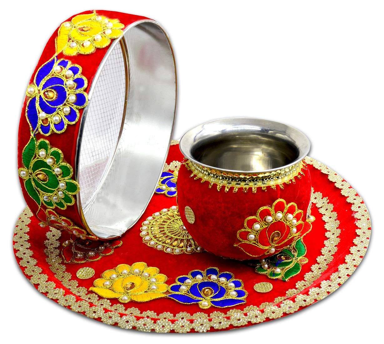 Karwa Chauth Complete 8 Pcs Set | Stainless Steel Thali |Lota | Calendar |Story Book | Channi | Roli Akshat | Greeting Card |Diya | Decorative Karwa Chauth Thali with All item - YuvaFlowers