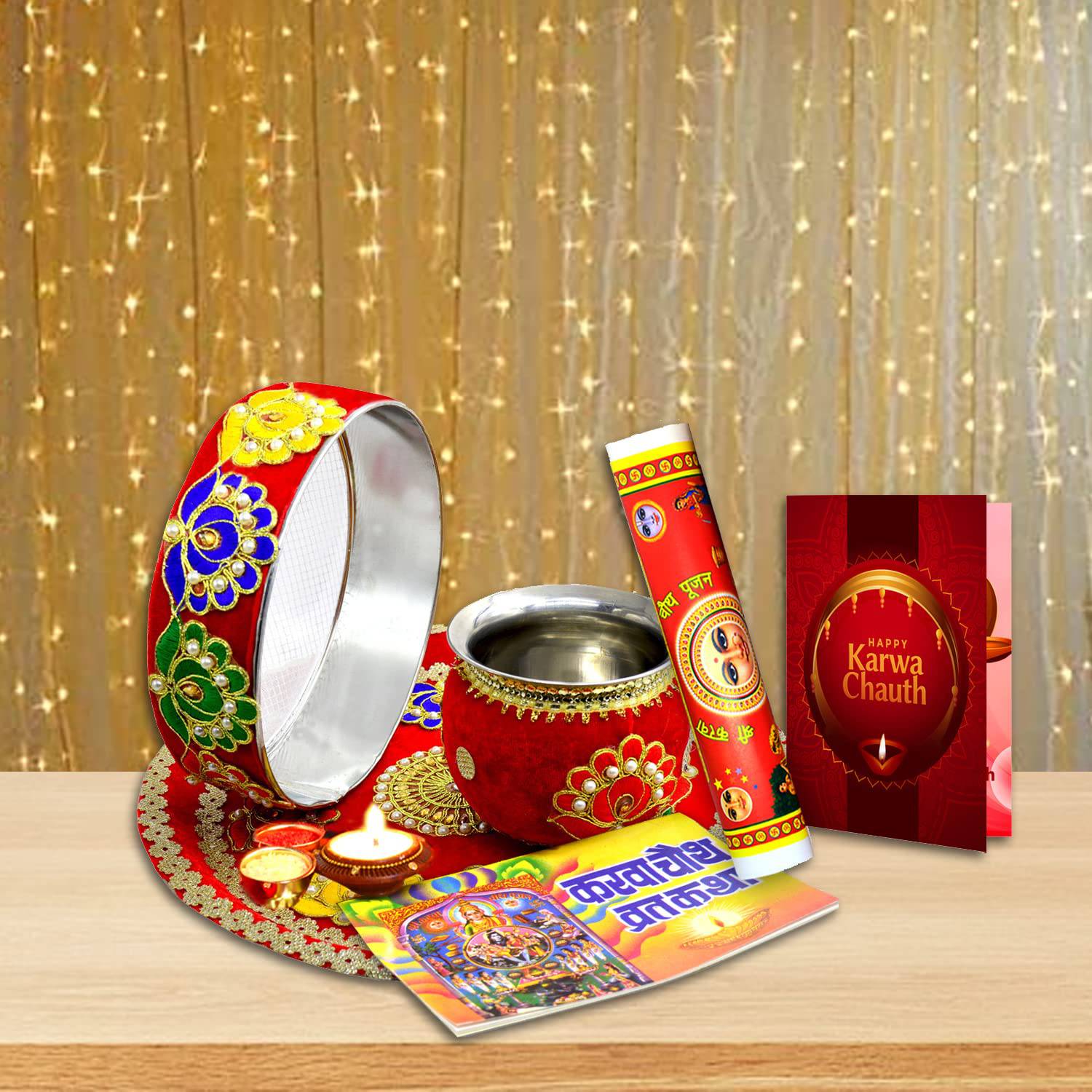 Karwa Chauth Complete 8 Pcs Set | Stainless Steel Thali |Lota | Calendar |Story Book | Channi | Roli Akshat | Greeting Card |Diya | Decorative Karwa Chauth Thali with All item - YuvaFlowers