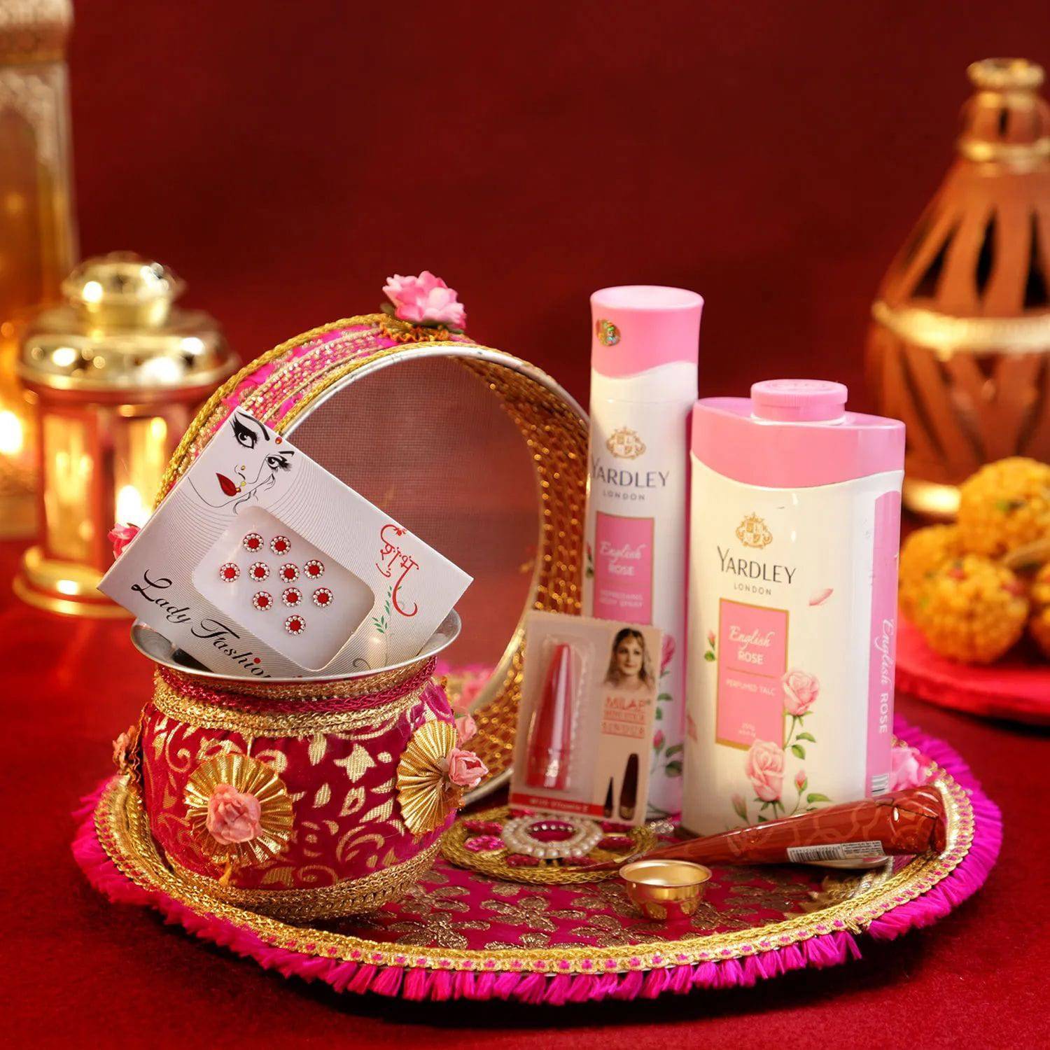 Karwa Chauth Pink Thali Set & Shringar - YuvaFlowers