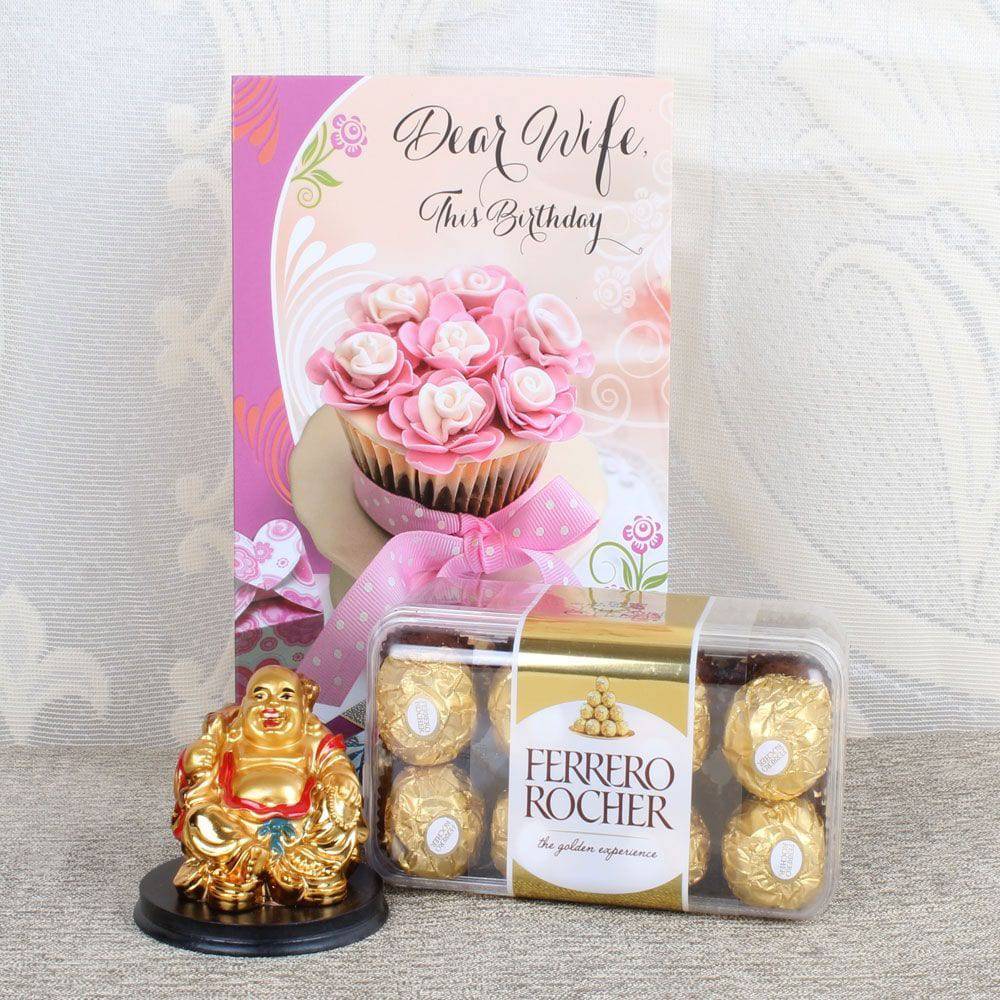 LAUGHING BUDDHA WITH FERRERO BOX AND BIRTHDAY CARD FOR WIFE - YuvaFlowers