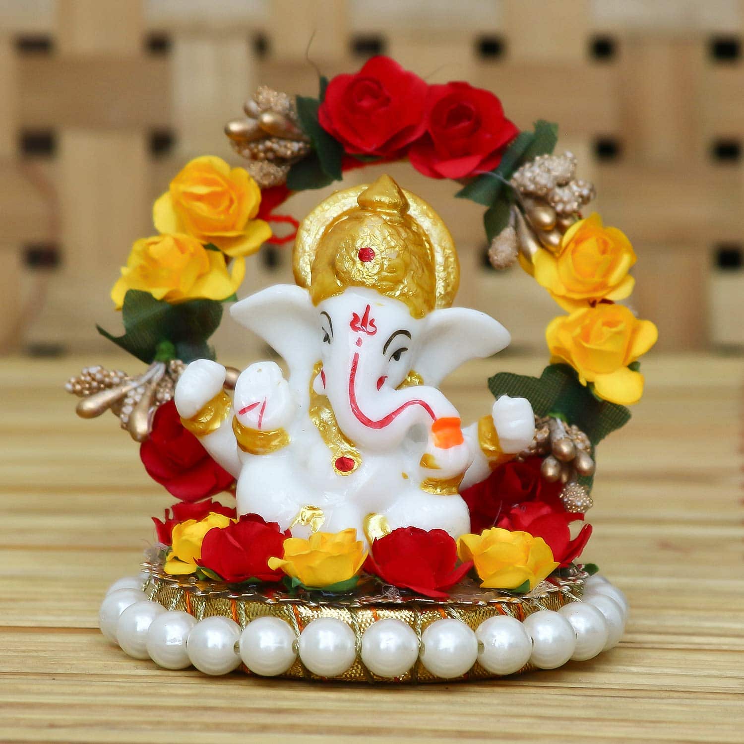 Lord Ganesha Idol on Decorative Handcrafted Plate for Home and Car - YuvaFlowers