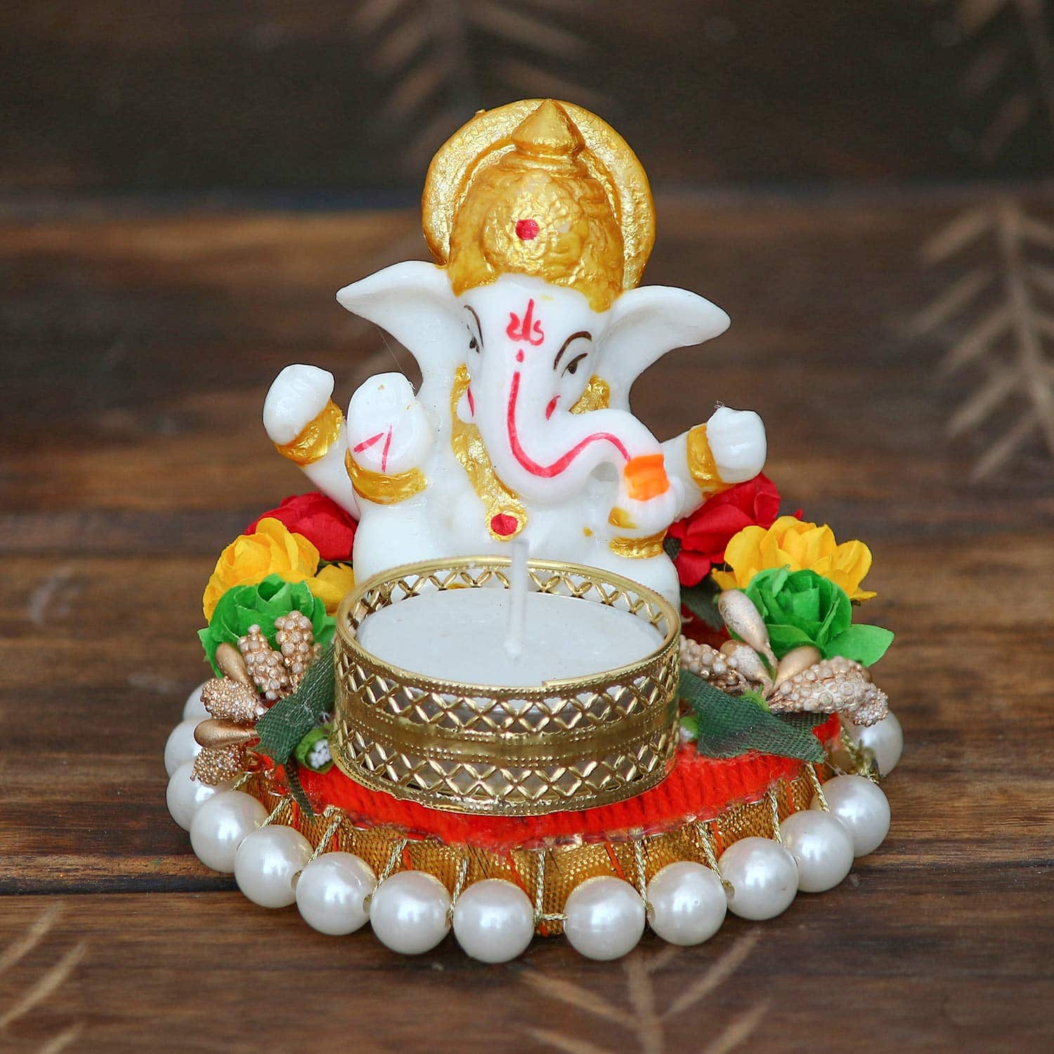 Lord Ganesha Idol on Decorative Handcrafted Plate for Home and Car - YuvaFlowers