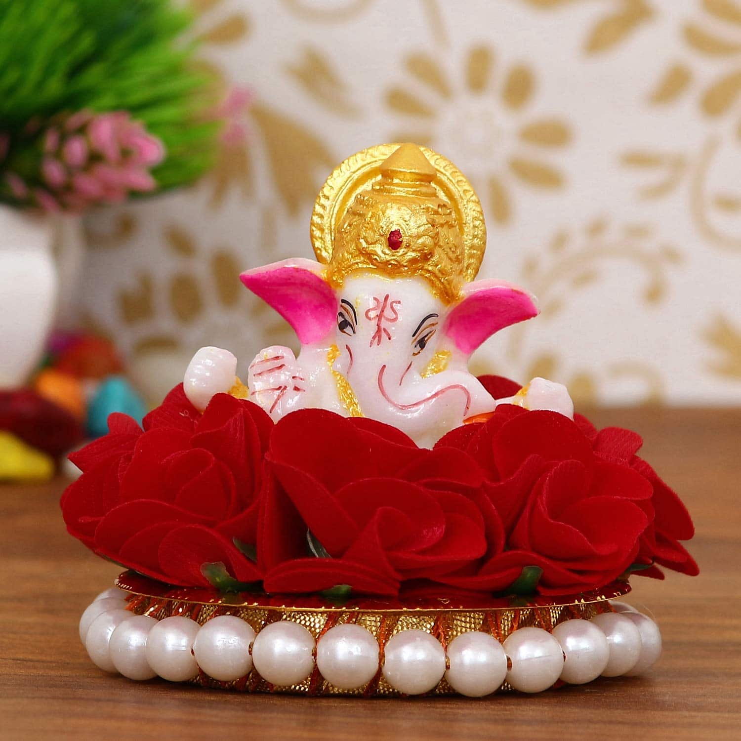 Lord Ganesha Idol on Decorative Handcrafted Plate for Home and Car - YuvaFlowers