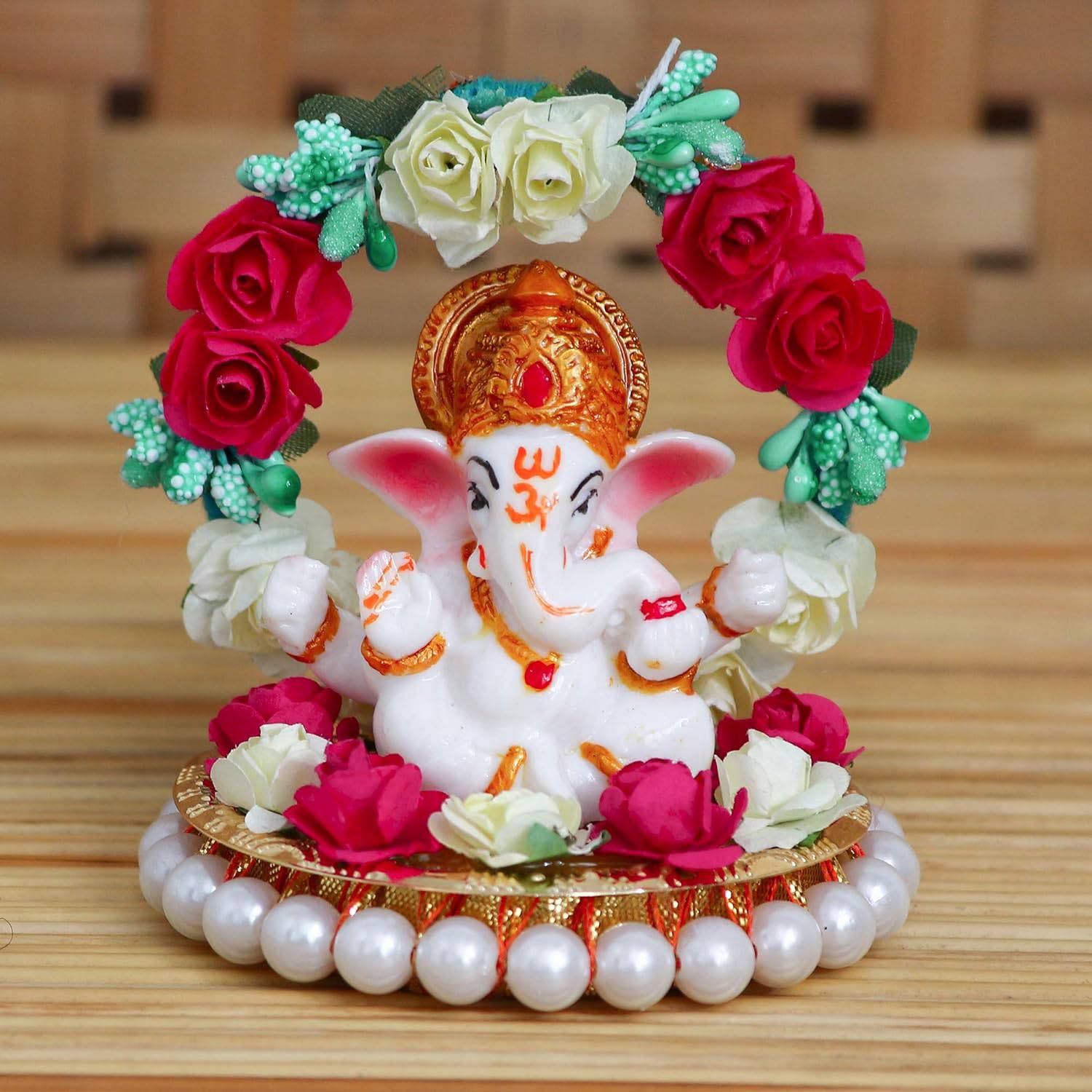Lord Ganesha Idol on Decorative Handcrafted Plate for Home and Car - YuvaFlowers