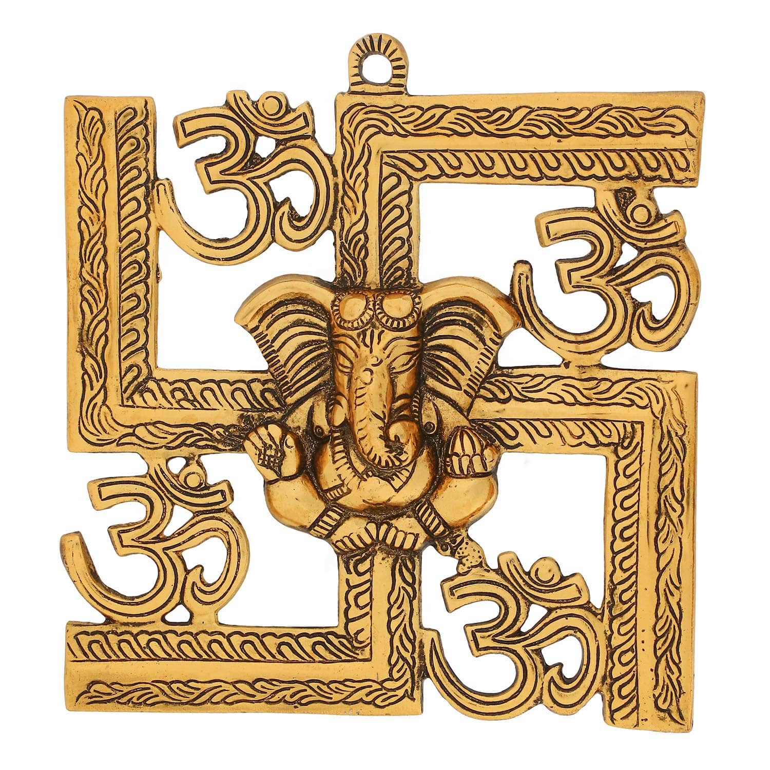 Lord Ganesha on Om Swastik Metal Golden Wall Hanging - YuvaFlowers