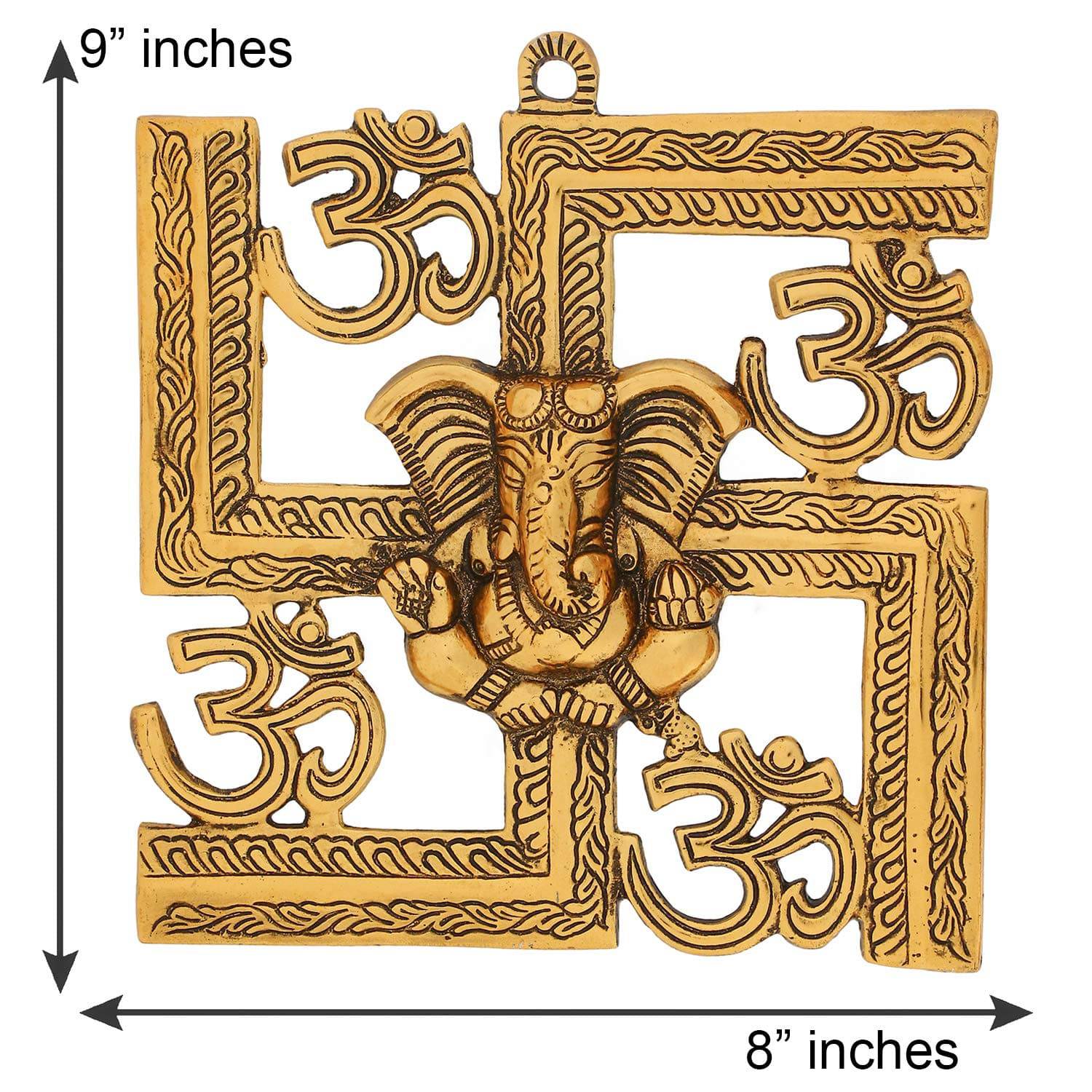 Lord Ganesha on Om Swastik Metal Golden Wall Hanging - YuvaFlowers
