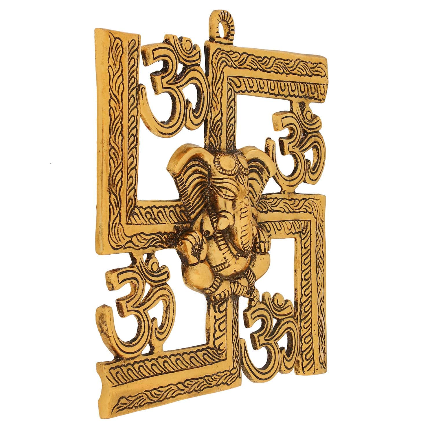 Lord Ganesha on Om Swastik Metal Golden Wall Hanging - YuvaFlowers