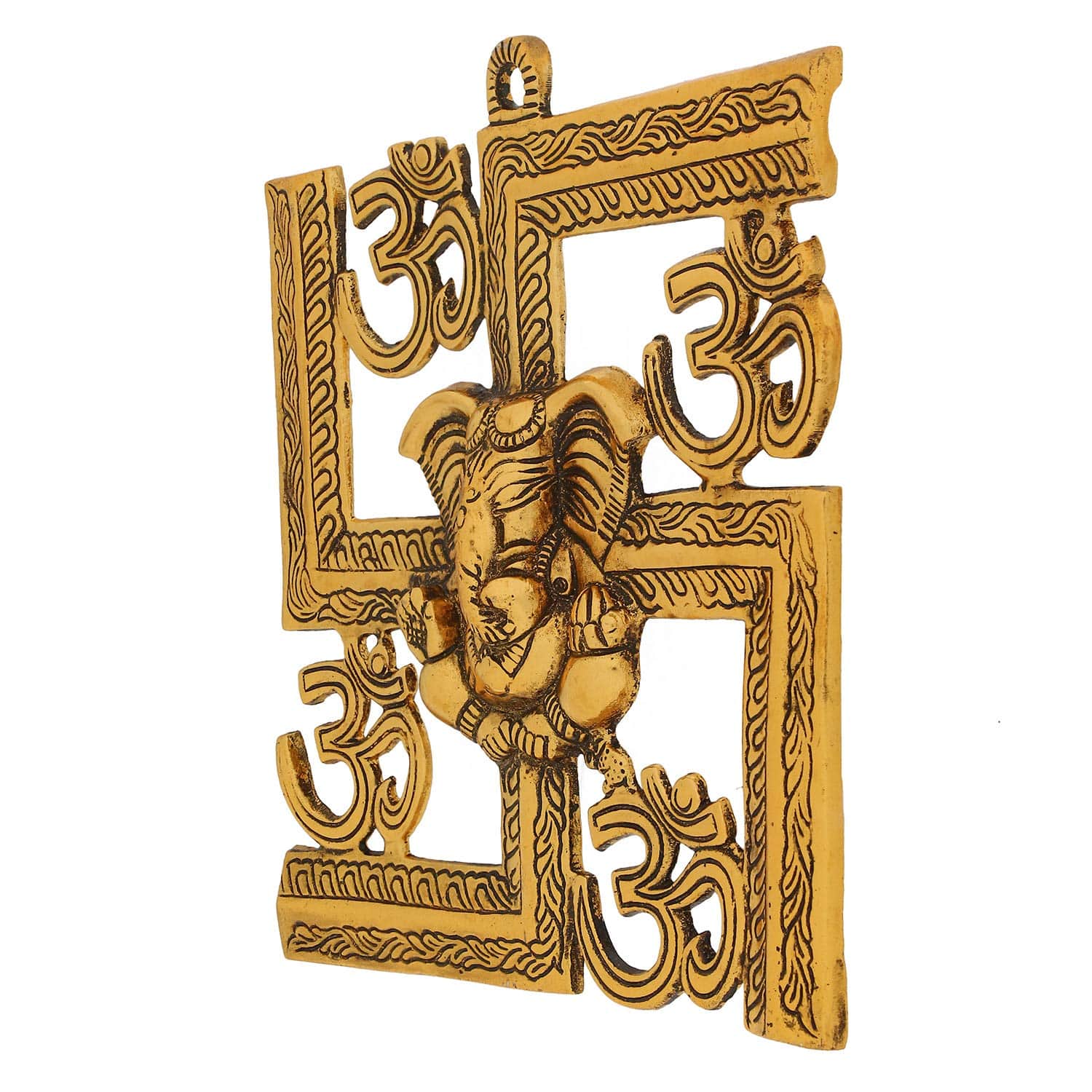 Lord Ganesha on Om Swastik Metal Golden Wall Hanging - YuvaFlowers