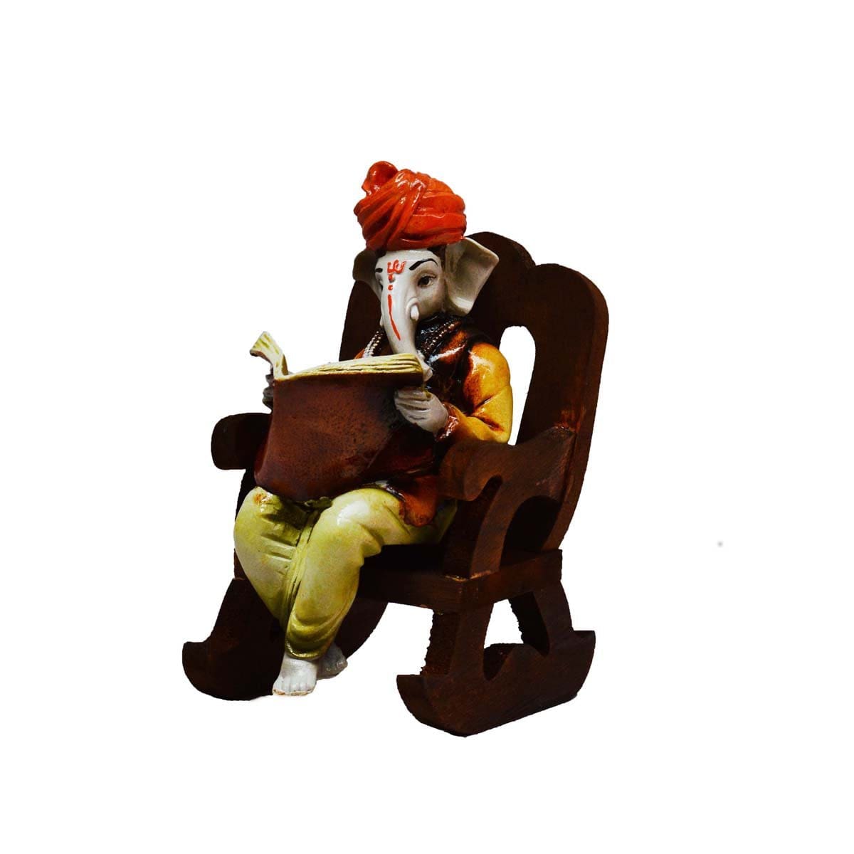Lord Ganesha Reading Book on Wooden Chair (LxWxH - 4INx5INx6.5IN) - YuvaFlowers