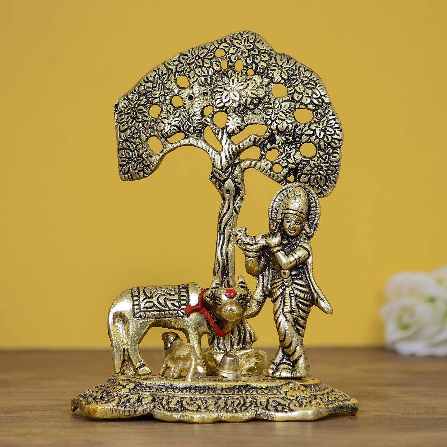 Lord Krishna Playing Flute Under Tree with Golden Cow and Calf Showpiece - YuvaFlowers