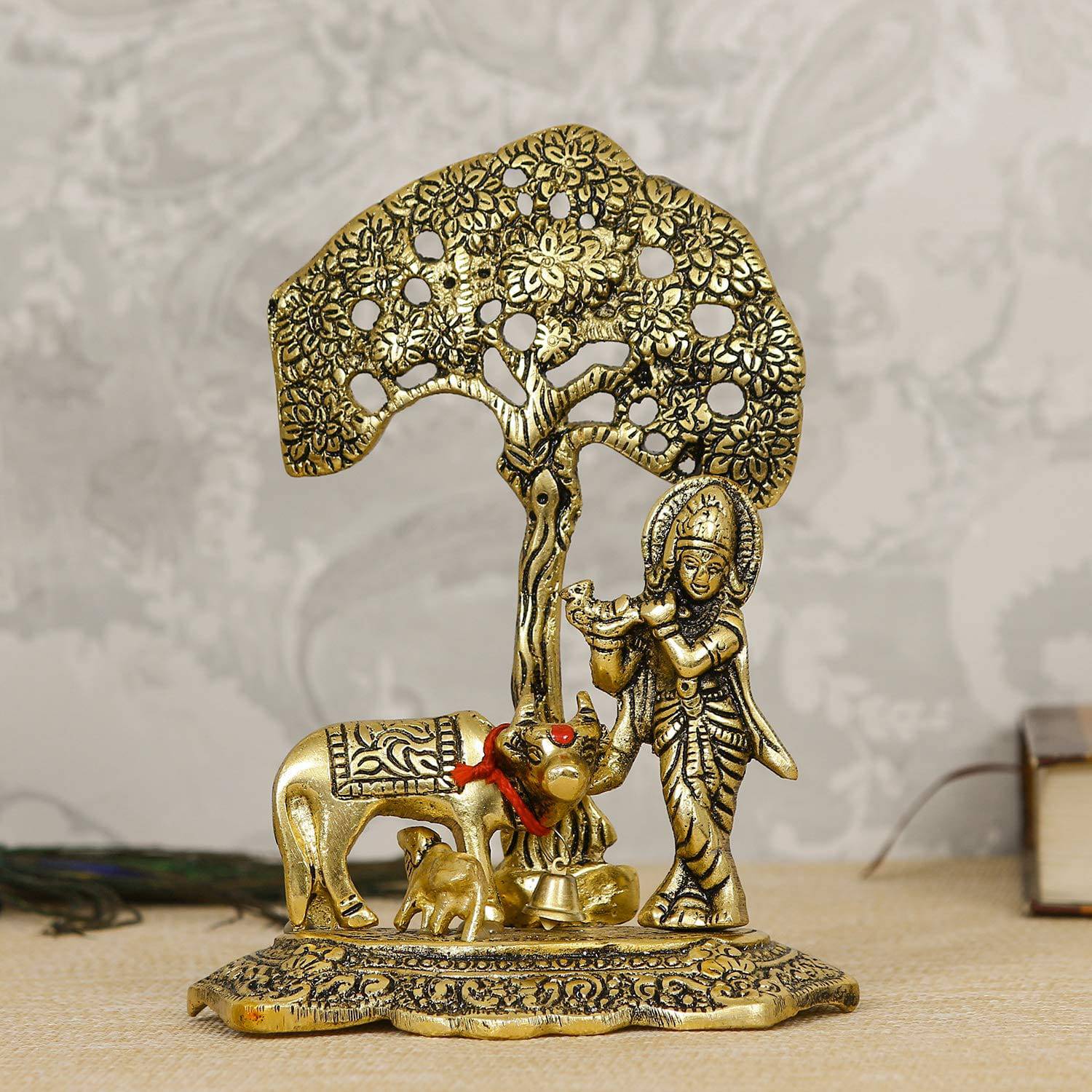 Lord Krishna Playing Flute Under Tree with Golden Cow and Calf Showpiece - YuvaFlowers