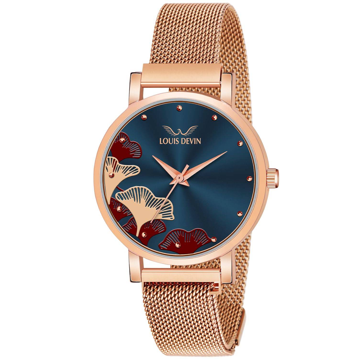 LOUIS DEVIN Rose Gold Plated Mesh Chain Analog Wrist Watch for Women (Black/Blue/Rose Gold Dial) | RG162 - YuvaFlowers