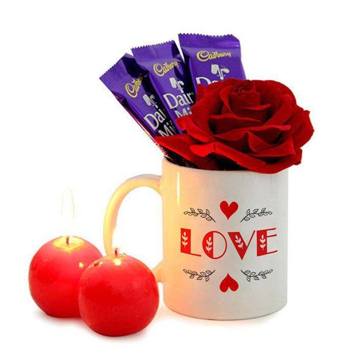 Love Mug and Red Candles Combo with Rose and Chocolates - YuvaFlowers