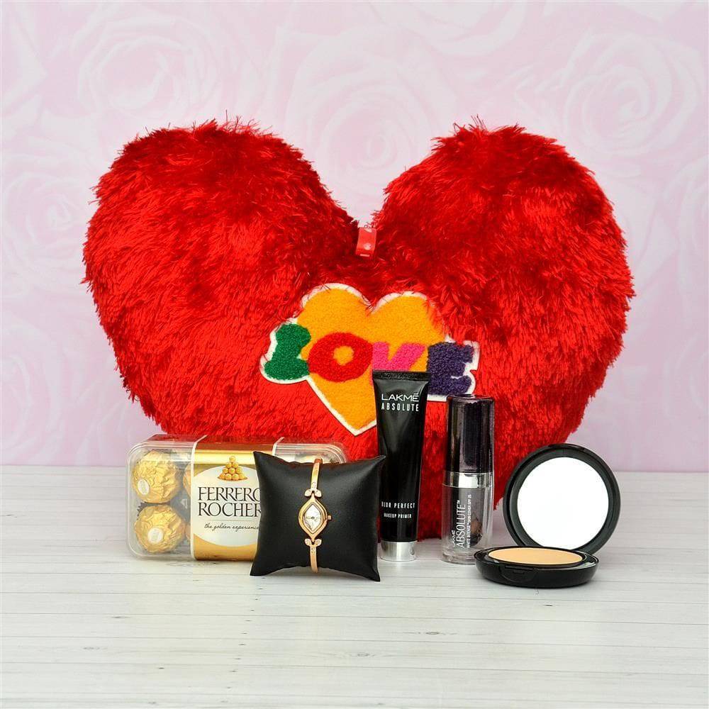 Love Pillow with Cosmetics and Watch Hamper - YuvaFlowers