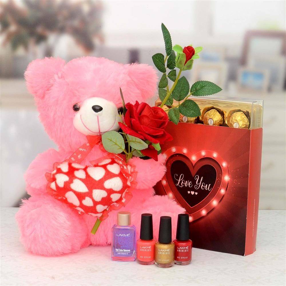 Love You Chocolates With Teddy & Cosmetics Hamper - YuvaFlowers