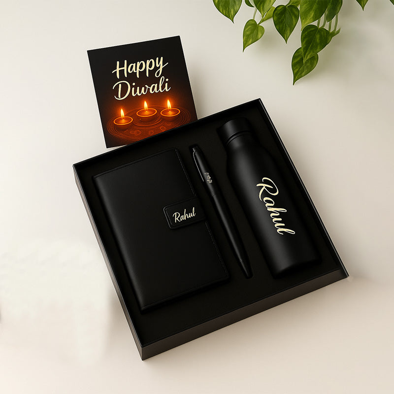 Luxury Black Personalized Diwali Gift Set - Diary, Pen & Bottle