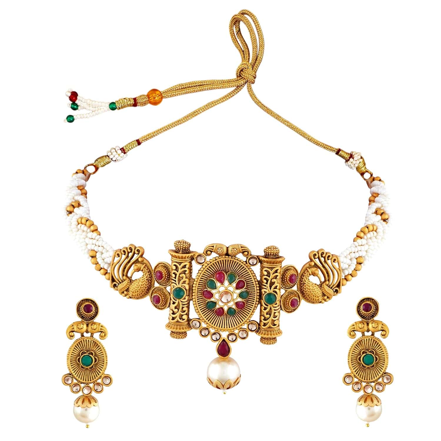Mansiyaorange Antique Matt Gold Multi Color Pearls South Indian Temple Theme Choker Necklace Imitation/Jewelery/Jualry/Jwellry Set/Jewellery Set For Women - YuvaFlowers