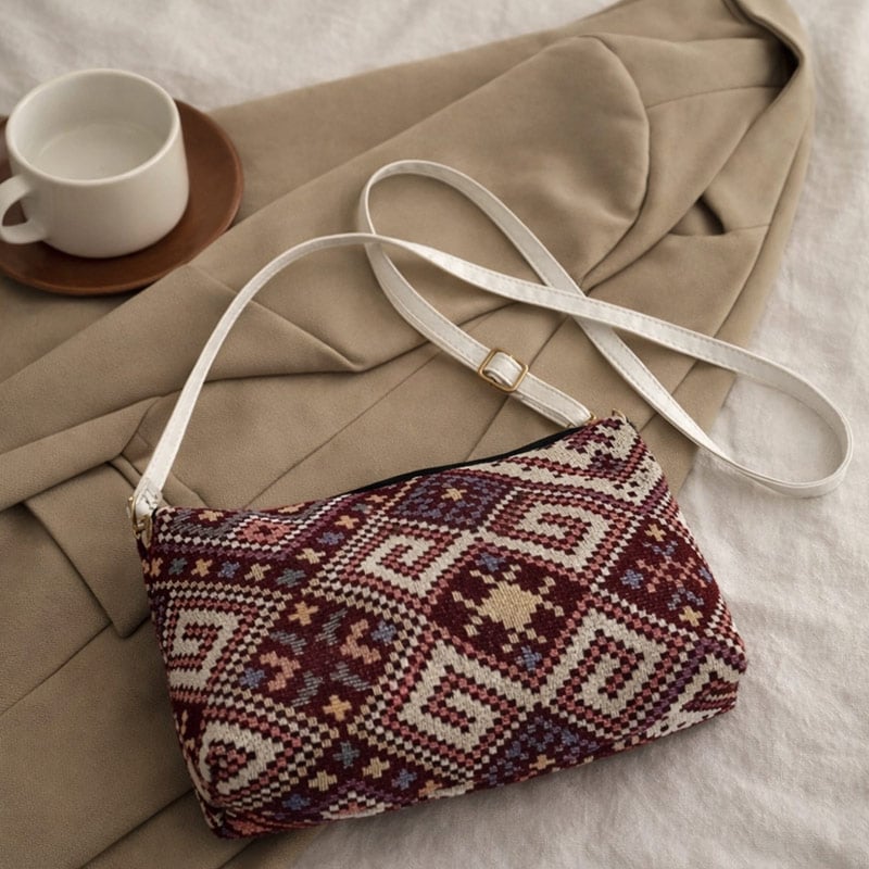 Maroon Jute Closure Zip Sling Bag For Women