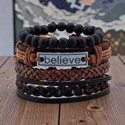 Men’s Multilayer Leather & Beads Bracelet Set with “Believe” Charm