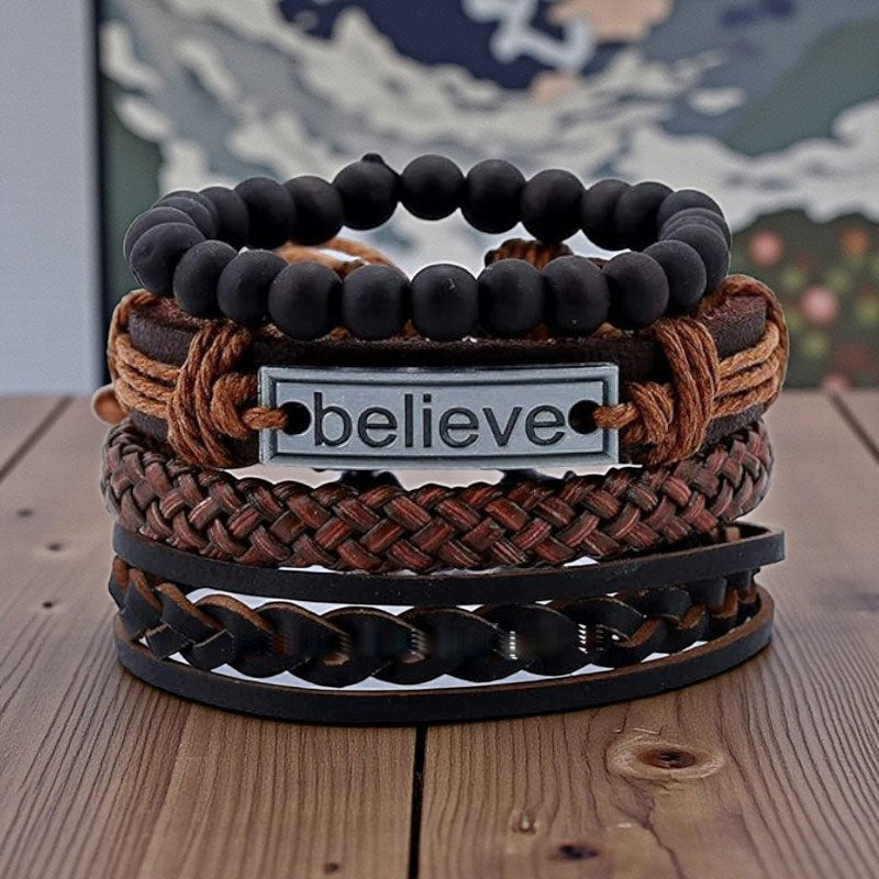 Men’s Multilayer Leather & Beads Bracelet Set with “Believe” Charm