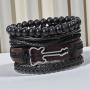 Men’s Multi-Layer Leather & Beaded Bracelet Set with Guitar Charm