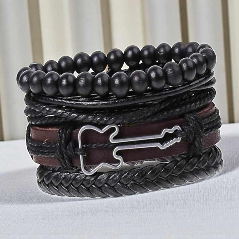 Men’s Multi-Layer Leather & Beaded Bracelet Set with Guitar Charm