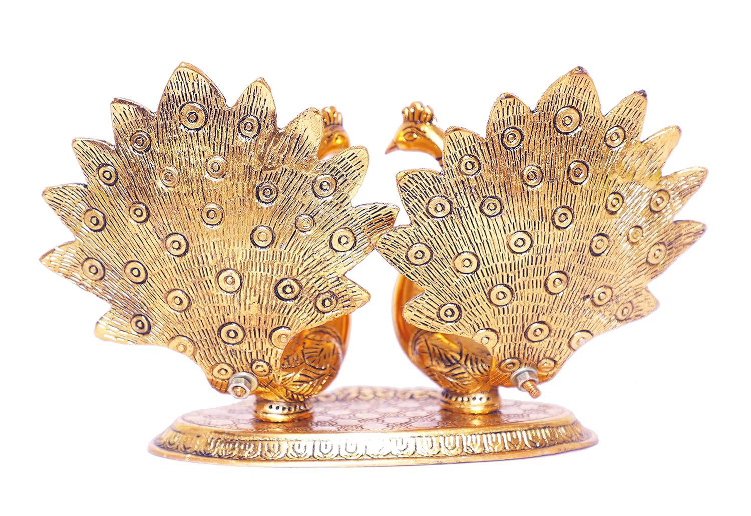 Metal Double Lovers Peacock Statue, Showpiece Figurine- Standard, Gold - YuvaFlowers